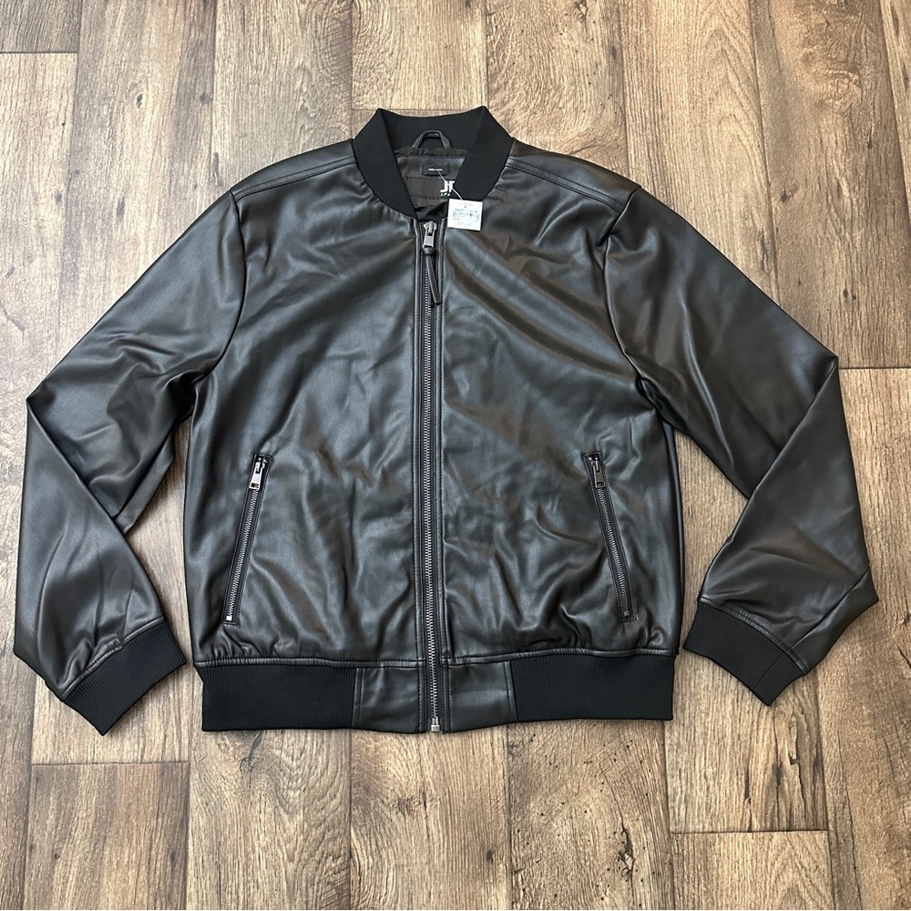 JF J. Ferrar Faux Leather Zip Bomber Jacket Men’s Size L Black